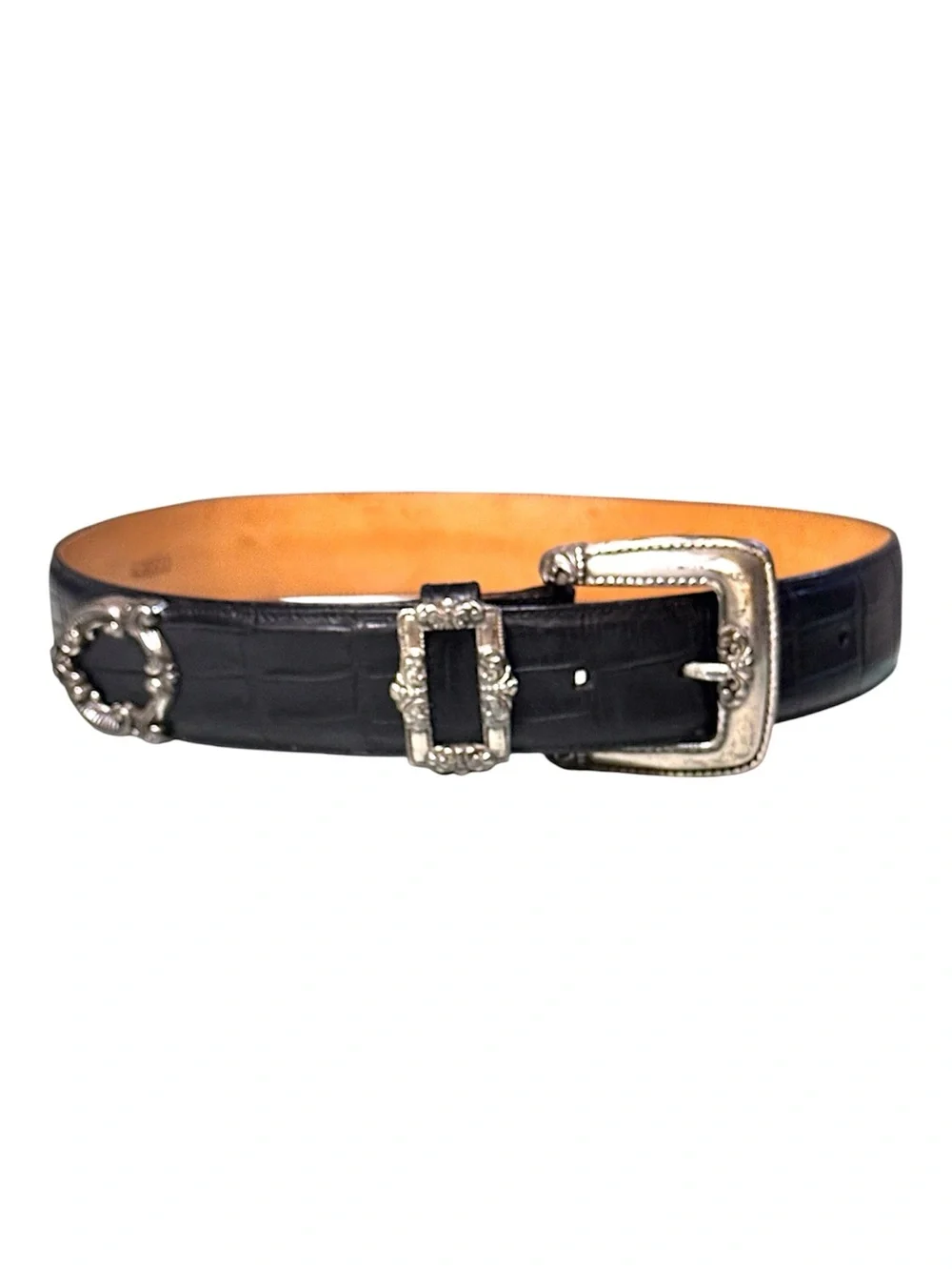 Brighton 1993 Black Croc Leather Western Silver Plated Hardware Belt #43003 Sz S